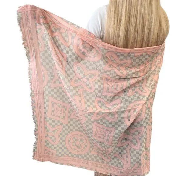 LOUIS VUITTON Vintage Damier Azur Tahitienne Logo Scarf Wrap Pink Gray [105046] - Picture 2 of 11